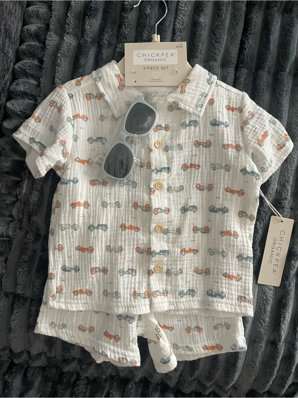 White Cotton Toddler Shirt & Shorts Set with Car Print